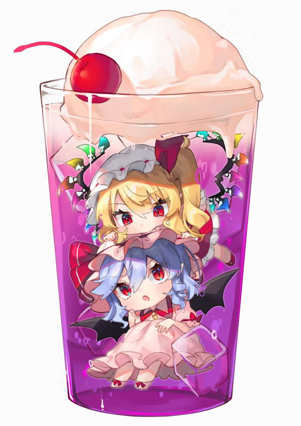 2girls bangs bat_wings berry blonde_hair blue_hair blush bow cherry chibi closed_mouth collared_dress collared_shirt crystal dress drink eyes_visible_through_hair fang flandre_scarlet food footwear_bow frills fruit gem glass grey_headwear gunjou_row hair_between_eyes hair_ribbon hand_up hands_on_another's_head hands_up hat hat_ribbon ice ice_cream jewelry looking_at_another looking_down looking_up mob_cap multicolored_wings multiple_girls one_side_up open_mouth pink_dress pink_footwear pink_headwear puffy_short_sleeves puffy_sleeves purple_ribbon red_bow red_dress red_eyes red_footwear red_ribbon remilia_scarlet ribbon shirt shoes short_hair short_sleeves siblings sisters sweat sweatdrop touhou white_shirt wings