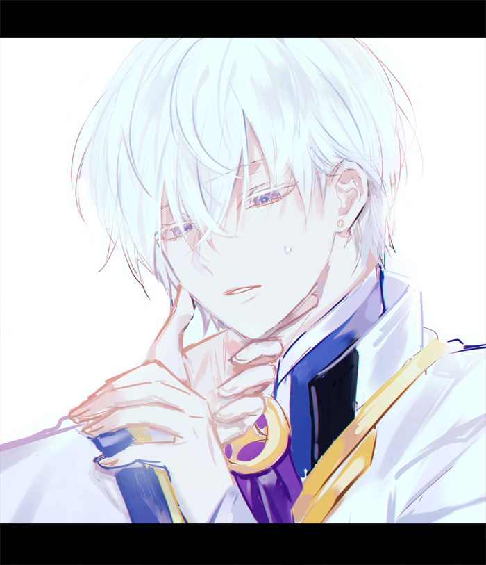 1boy blue_eyes coat elsword frown hand_on_another's_arm harque_ebalon loble long_sleeves looking_to_the_side male_focus parted_lips short_hair sketch solo sweatdrop teeth white_background white_hair