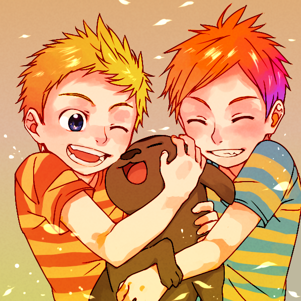 2boys aynoh blonde_hair child claus_(mother_3) closed_eyes dog falling_petals hug leaf lucas_(mother_3) male_focus mother_(game) mother_3 multiple_boys one_eye_closed orange_hair petals shirt simple_background smile spiky_hair teeth tongue