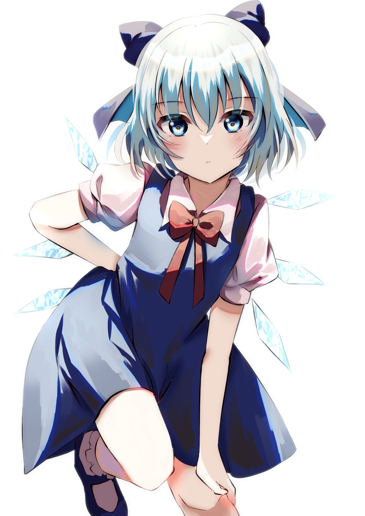 1girl blue_dress blue_eyes blue_hair bow bowtie cirno commentary_request dress hair_bow hand_on_own_knee highres ice ice_wings looking_at_viewer mary_janes natsume_suzuri puffy_short_sleeves puffy_sleeves shoes short_sleeves simple_background solo touhou wings