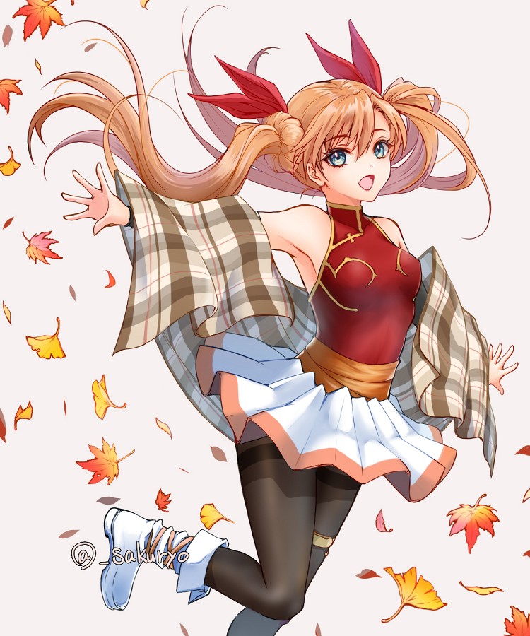 1girl :d armpits black_legwear blue_eyes boots bow double_bun doughnut_hair_bun falling_leaves ginkgo_leaf grey_background hair_bow hair_bun halterneck langrisser langrisser_iii leaf long_hair looking_at_viewer maple_leaf open_mouth orange_hair pantyhose plaid red_bow sakurai_(skri_3527) shirt simple_background skirt sleeveless sleeveless_shirt smile solo standing standing_on_one_leg thighlet tiaris_(langrisser) twintails white_footwear white_skirt