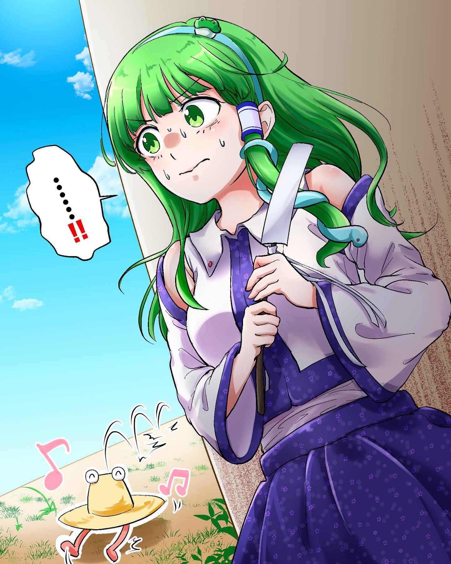 blue_skirt frog_hair_ornament gohei green_eyes green_hair hair_ornament hair_tubes hairband hat hiding highres hopping japanese_clothes kochiya_sanae long_hair miko moriya_suwako musical_note nontraditional_miko outdoors scared shimalice skirt sleeveless sweat touhou