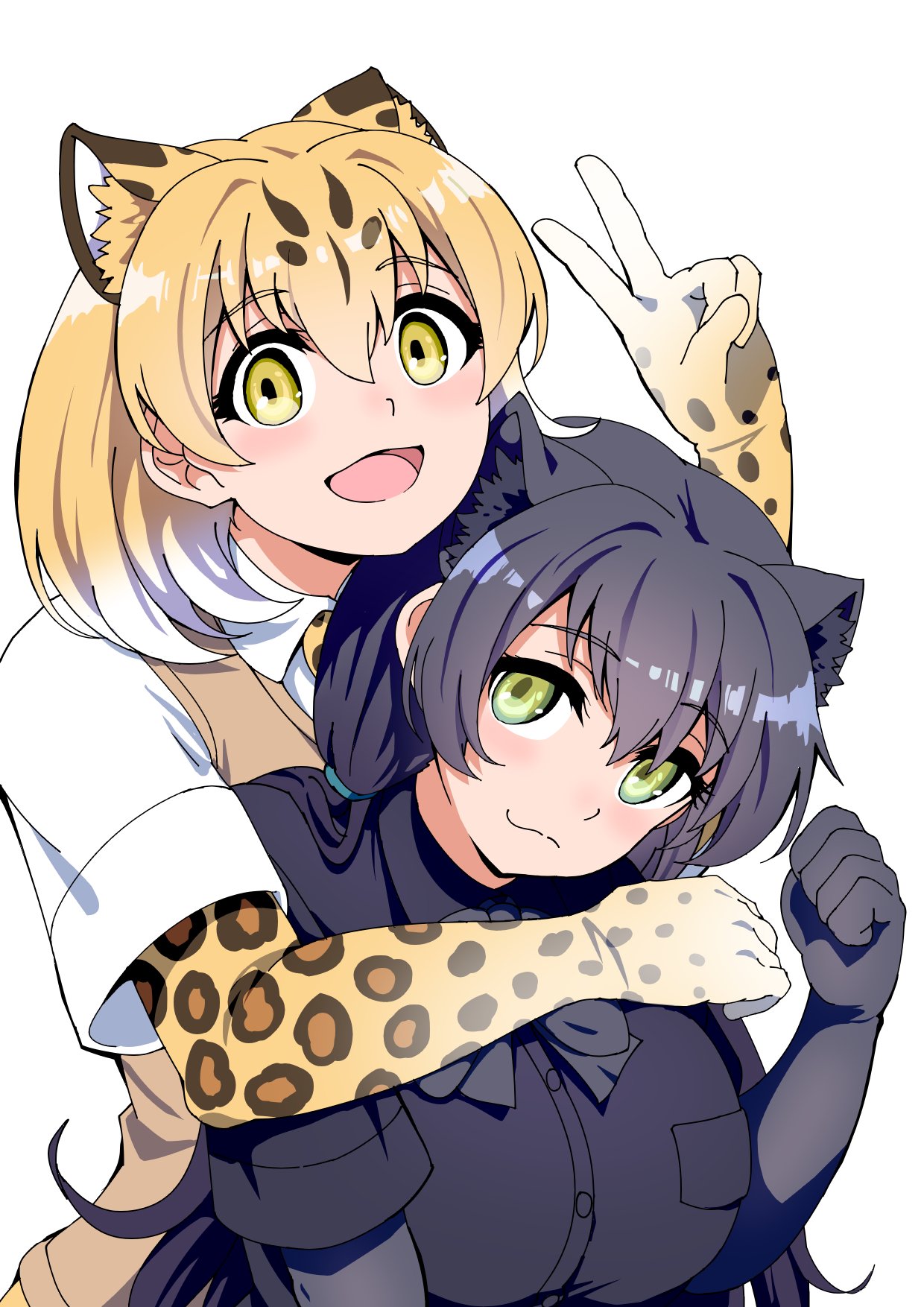 2girls animal_ear_fluff animal_ears animal_print arm_around_shoulder bangs behind_another black_gloves black_hair black_leopard_(kemono_friends) black_shirt blonde_hair bow bowtie breast_pocket brown_hair closed_mouth collared_shirt colored_inner_hair elbow_gloves extra_ears gloves green_eyes hand_up highres hug hug_from_behind kemono_friends leopard_(kemono_friends) leopard_ears leopard_print long_hair looking_at_viewer mamiyama medium_hair multicolored_hair multiple_girls open_mouth pocket print_gloves shirt short_sleeves siblings simple_background sisters smile sweater_vest upper_body v white_background white_hair white_shirt wing_collar yellow_eyes