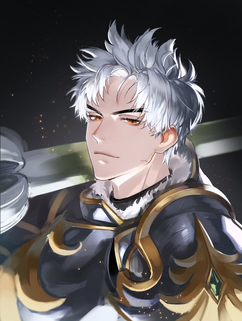 1boy ajrtkf44 armor bangs black_background carrying_over_shoulder eyelashes fur_trim korean_commentary light_particles looking_at_viewer male_focus orange_eyes pauldrons personification pokemon portrait scar scar_on_face short_hair shoulder_armor sirfetch'd smirk solo spiky_hair sword weapon