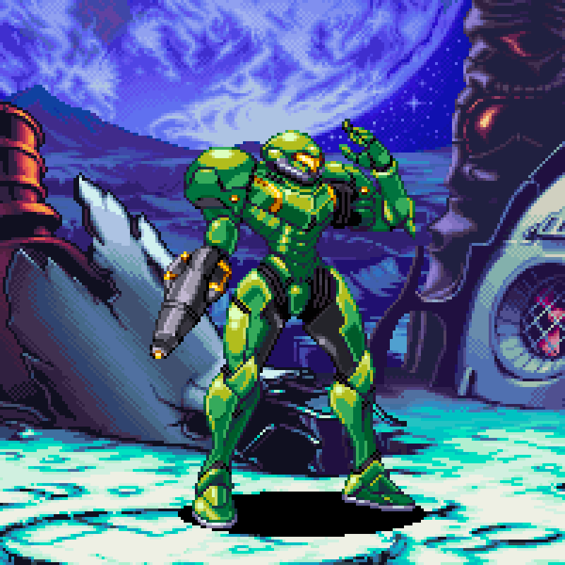 1girl alternate_color arm_cannon english_commentary halo_(series) kdekercy looking_to_the_side master_chief metroid open_hand pixel_art power_armor samus_aran science_fiction solo varia_suit visor weapon