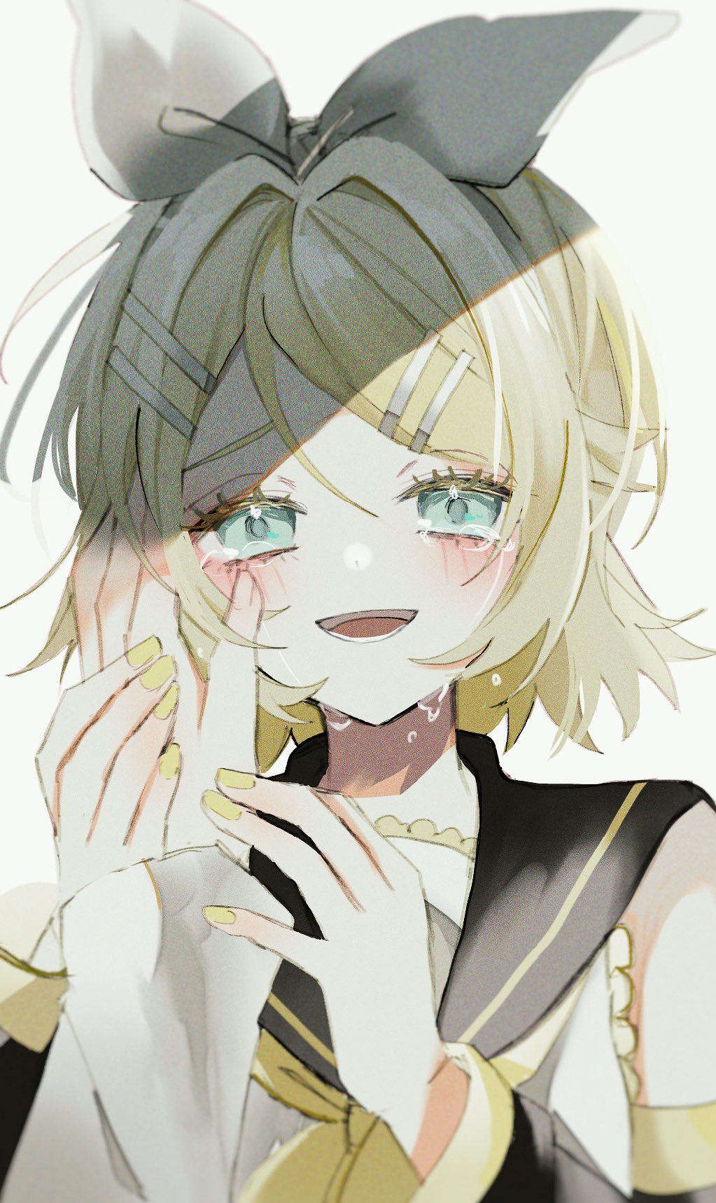 1girl aqua_eyes ascot bare_shoulders black_sailor_collar blonde_hair blush bow colored_eyelashes comforting crying crying_with_eyes_open detached_sleeves grabbing_another's_hand green_eyes hair_bow hair_ornament hairclip half-closed_eyes hand_on_another's_cheek hand_on_another's_face happy_tears highres kagamine_rin maca1227 messy_hair neckerchief sailor_collar shirt sleeveless sleeveless_shirt smile solo_focus streaming_tears tears upper_body vocaloid white_bow yellow_ascot yellow_nails yellow_neckerchief