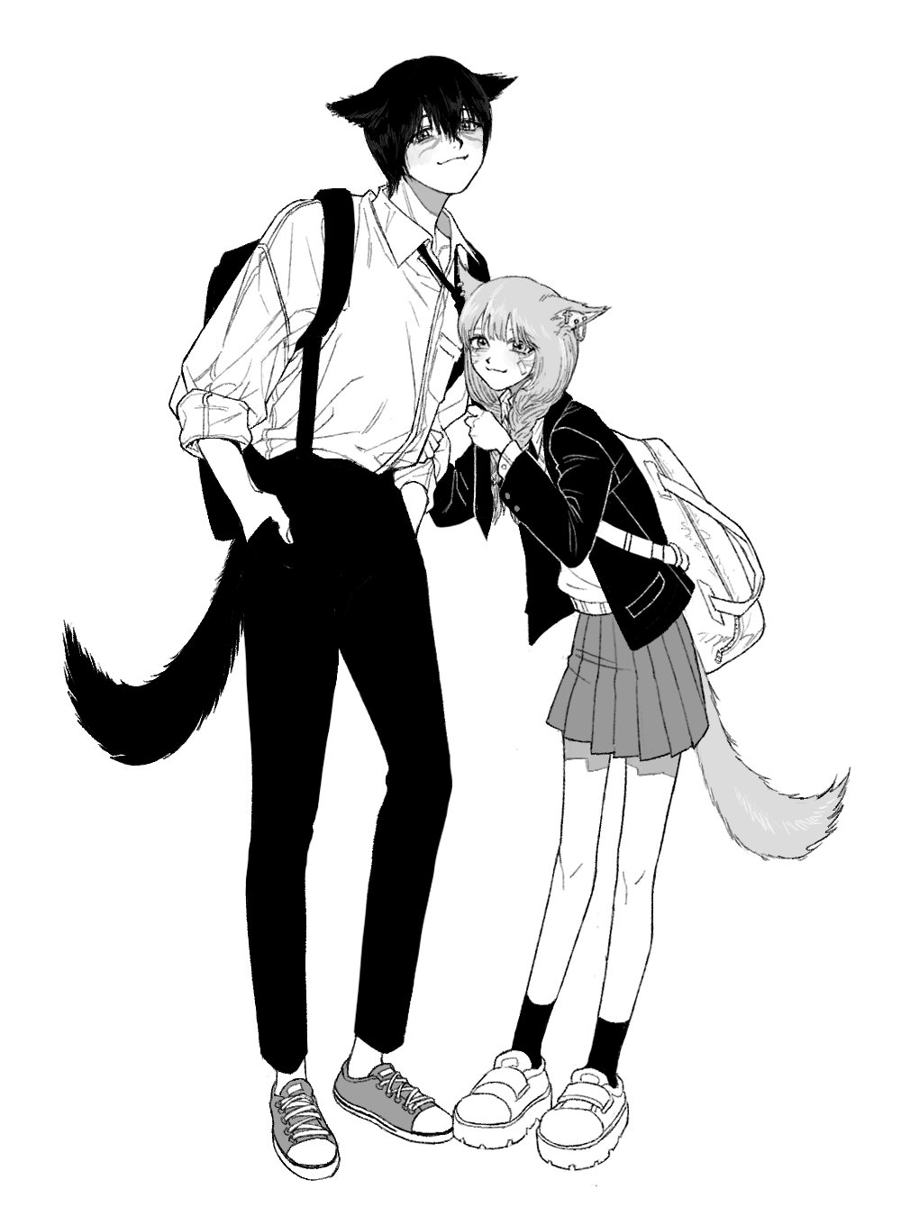 1boy 1girl animal_ears backpack bag bandaid bangs braid breast_pocket cat_boy cat_ears cat_girl cat_tail closed_mouth collared_shirt commentary_request copyright_request cross cross-laced_footwear cross_earrings earrings facial_mark full_body greyscale hand_on_another's_arm hands_in_pockets height_difference highres jacket jewelry korean_commentary leaning_forward leaning_on_person linked_piercing long_hair long_sleeves looking_at_viewer miniskirt monochrome muryo necktie necktie_grab neckwear_grab pants piercing pleated_skirt pocket shirt shoes short_hair simple_background skirt smile sneakers socks standing tail twin_braids twintails