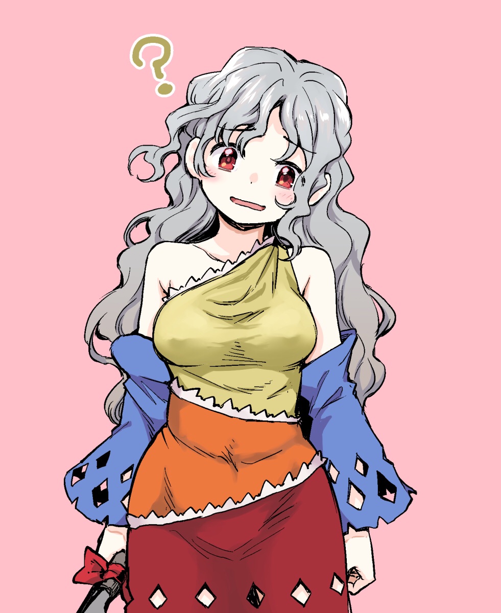 1girl ? bangs bare_shoulders blue_sleeves breasts detached_sleeves dra dress grey_hair head_tilt highres long_hair looking_at_viewer multicolored_clothes multicolored_dress open_mouth pink_background red_eyes sakata_nemuno single_strap solo touhou wavy_hair