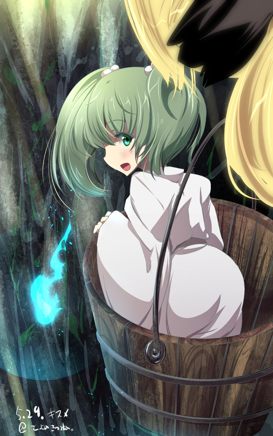 1girl bangs bucket dated from_behind full_body green_eyes green_hair hair_bobbles hair_ornament highres japanese_clothes kimono kisume looking_at_viewer looking_back open_mouth short_hair solo standing touhou toyono_kitsune twintails twitter_username white_kimono wooden_bucket