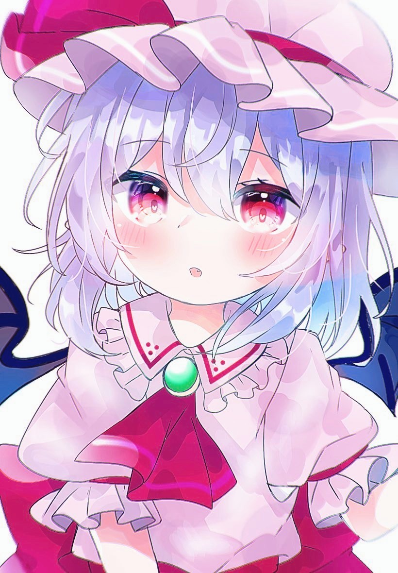 1girl ascot bangs bat_wings fang hat hat_ribbon heart heart-shaped_pupils looking_at_viewer mob_cap open_mouth pafe_yuzuran pink_headwear pink_shirt pointy_ears purple_hair red_ascot red_eyes red_ribbon remilia_scarlet ribbon shirt short_hair simple_background solo symbol-shaped_pupils touhou upper_body white_background wings