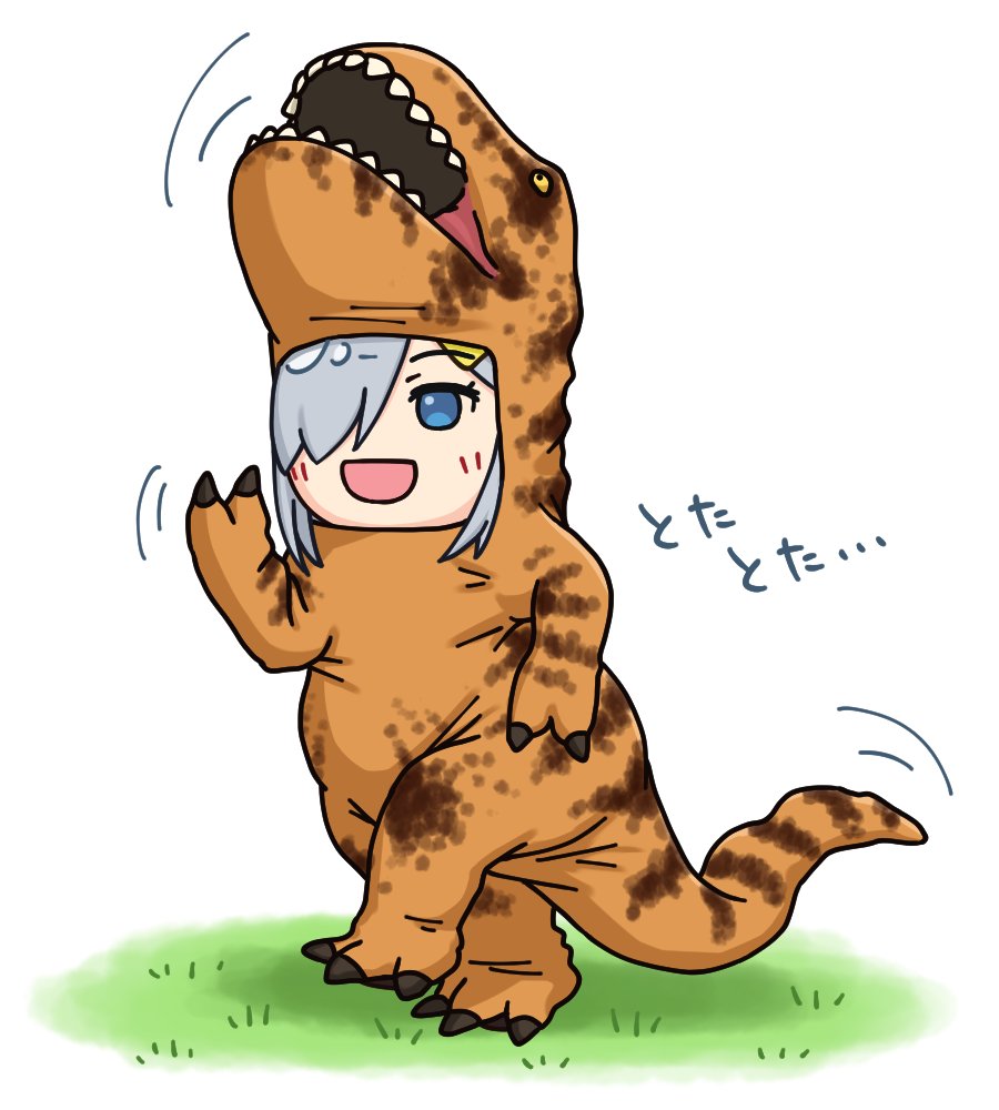 1girl animal_costume blue_eyes commentary_request dinosaur_costume grass grey_hair hair_ornament hair_over_one_eye hairclip hama!_(3toshinhmkz) hamakaze_(kancolle) kantai_collection looking_at_viewer open_mouth running short_hair simple_background smile solo tyrannosaurus_rex white_background