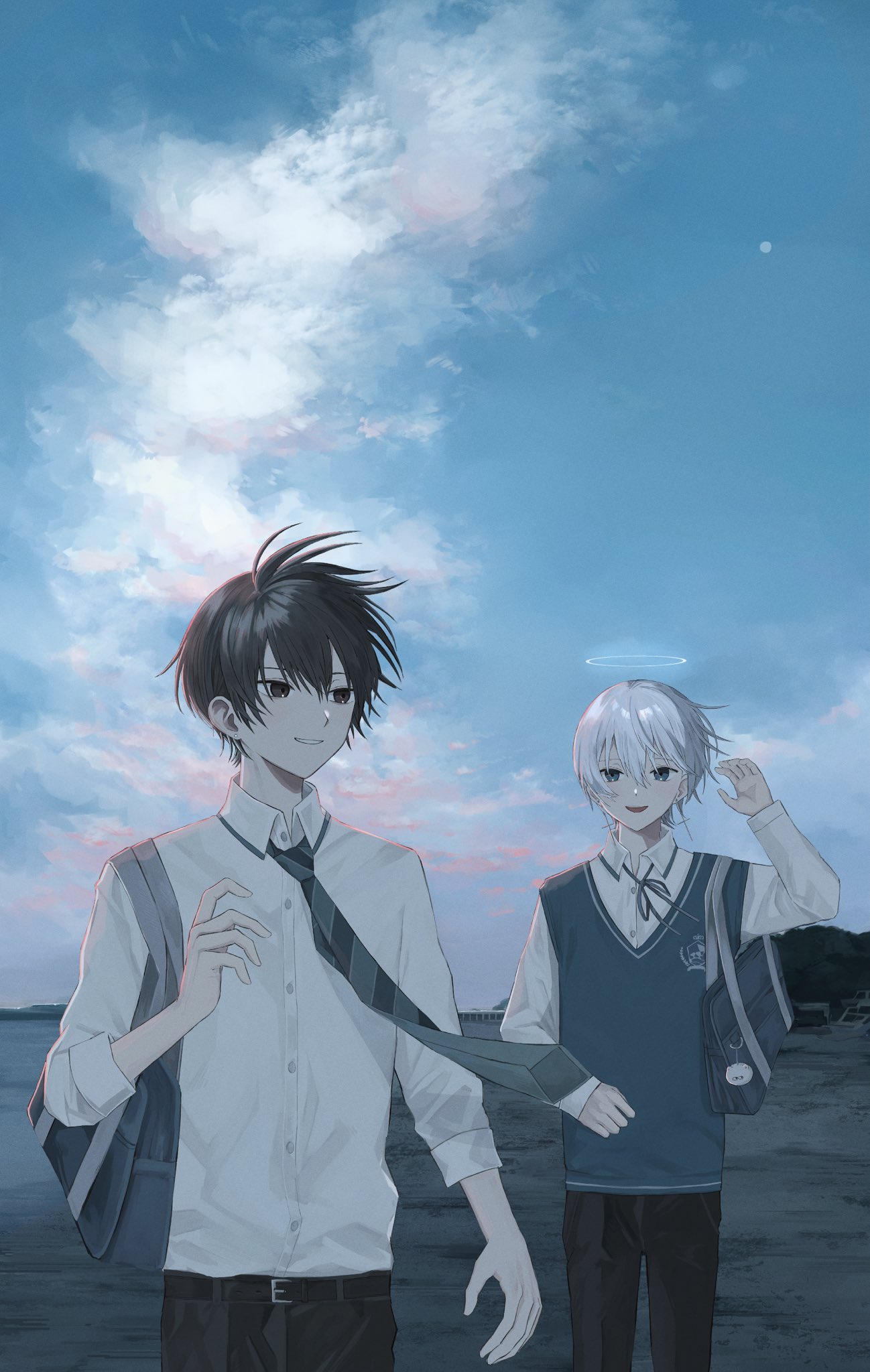 2boys arm_up bag beach black_eyes black_hair blue_bag blue_sky charm_(object) clouds cumulonimbus_cloud glowing grey_ribbon hair_between_eyes halo highres looking_at_another male_focus moon multiple_boys necktie ocean open_mouth original outdoors ozx_x0 ribbon sand school_bag school_uniform sky smile striped_necktie teeth uniform white_hair wind