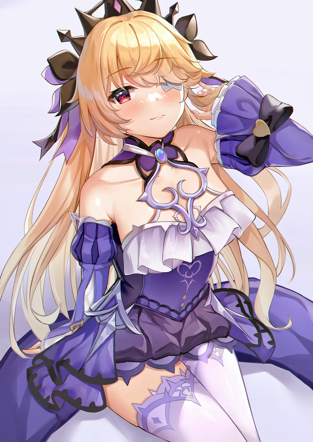 1girl bangs bare_shoulders blonde_hair blush closed_mouth dress eric_(tianqijiang) fischl_(ein_immernachtstraum)_(genshin_impact) fischl_(genshin_impact) genshin_impact gradient gradient_background hair_ornament hand_in_own_hair hand_up highres long_hair long_sleeves looking_at_viewer one_eye_covered purple_background purple_dress red_eyes simple_background smile solo thigh-highs thighs white_legwear