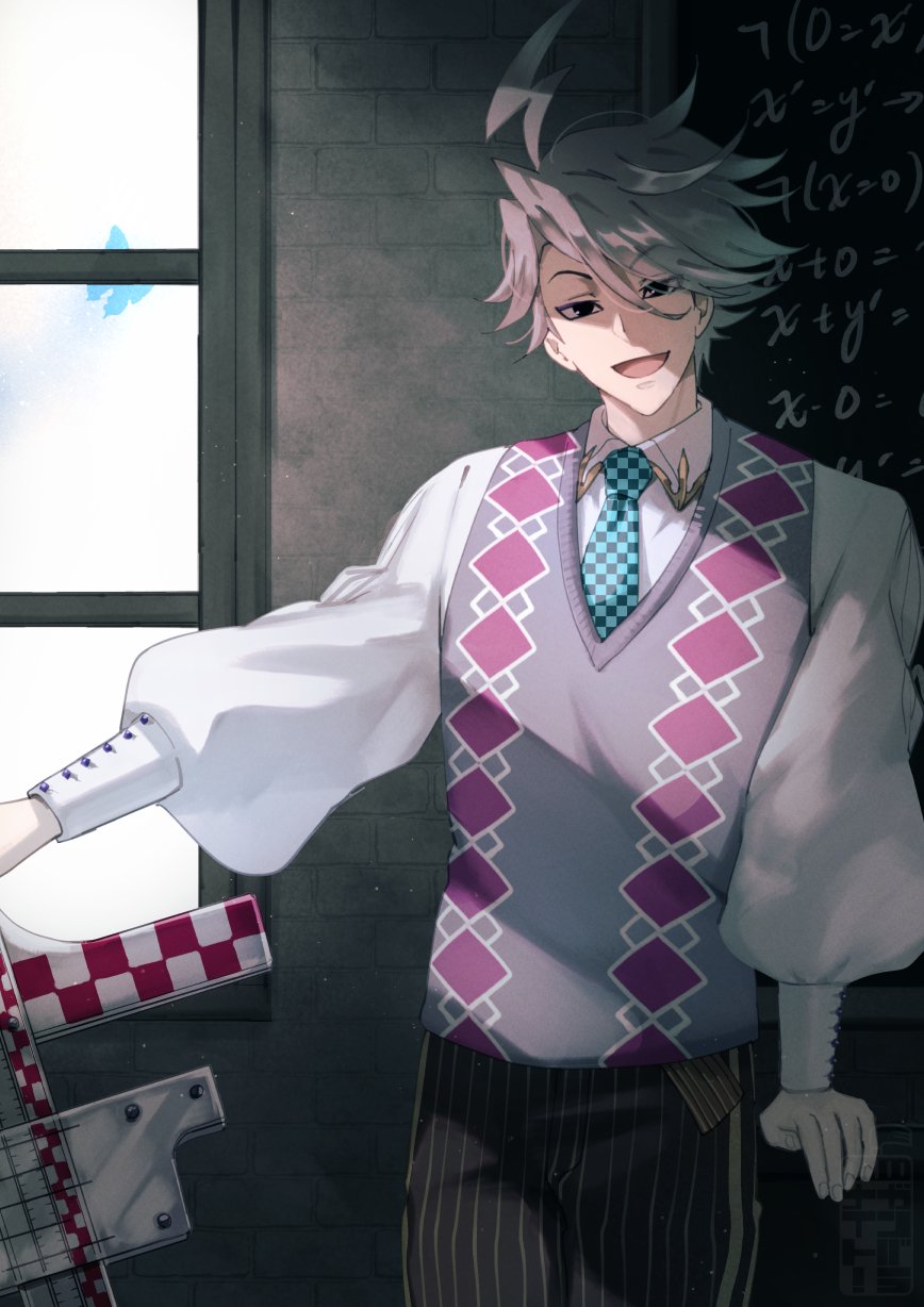 1boy :d ahoge argyle argyle_sweater_vest background_text bangs brown_pants collared_shirt commentary_request facial_mark fate/grand_order fate_(series) feet_out_of_frame grey_hair highres houndstooth james_moriarty_(fate) james_moriarty_(ruler)_(fate) light_particles long_sleeves looking_at_viewer male_focus necktie open_mouth pants ruler shirt short_hair smile solo striped striped_pants sweater_vest teria_(teriarian) vertical-striped_pants vertical_stripes white_shirt younger