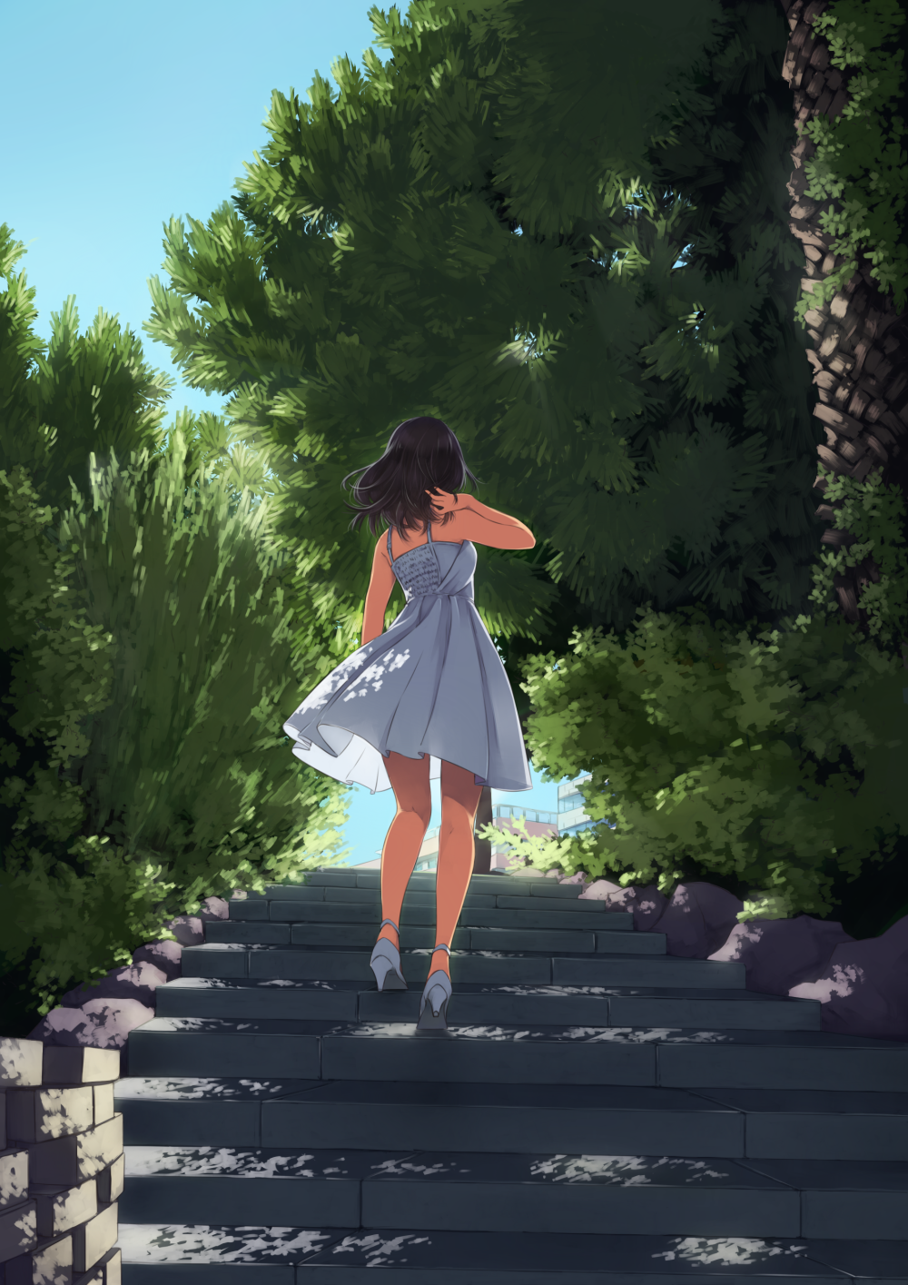 1girl ai-wa bare_arms bare_legs bare_shoulders black_hair bush commentary dappled_sunlight day dress english_commentary facing_away from_behind hand_in_own_hair hand_up high_heels highres long_hair original outdoors plant scenery shoe_soles short_dress sky sleeveless sleeveless_dress solo stairs summer sundress sunlight tree wading white_dress white_footwear