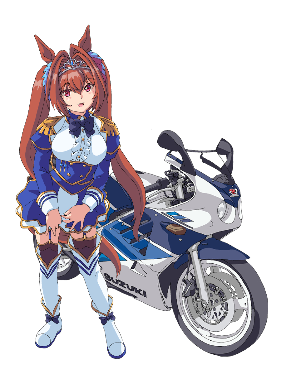 1girl :d animal_ears boots breasts brown_hair daiwa_scarlet_(umamusume) epaulettes fang ground_vehicle hair_intakes hal-py highres horse_ears horse_girl horse_tail large_breasts long_hair long_sleeves looking_at_viewer motor_vehicle motorcycle red_eyes simple_background smile solo suzuki_(company) tail thigh-highs thigh_boots tiara twintails umamusume very_long_hair white_background white_legwear