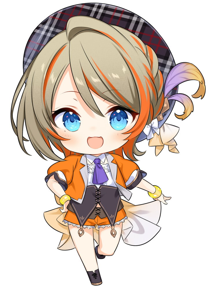 1girl arm_at_side blue_eyes brown_hair chibi full_body hand_on_hip hat hiyoku_no_crosspiece jacket kiya_machi looking_at_viewer multicolored_hair open_clothes open_jacket open_mouth orange_hair orange_jacket orange_shorts short_hair shorts simple_background solo standing standing_on_one_leg streaked_hair touri_sei white_background