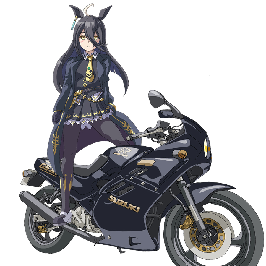 1girl ahoge animal_ears bangs black_gloves black_hair black_jacket black_legwear black_skirt ear_piercing full_body gloves ground_vehicle hair_between_eyes hal-py horse_ears horse_girl jacket long_bangs long_hair long_sleeves manhattan_cafe_(umamusume) motor_vehicle motorcycle necktie pantyhose piercing pleated_skirt simple_background skirt solo suzuki_gsx-r umamusume white_background white_footwear white_hair yellow_eyes