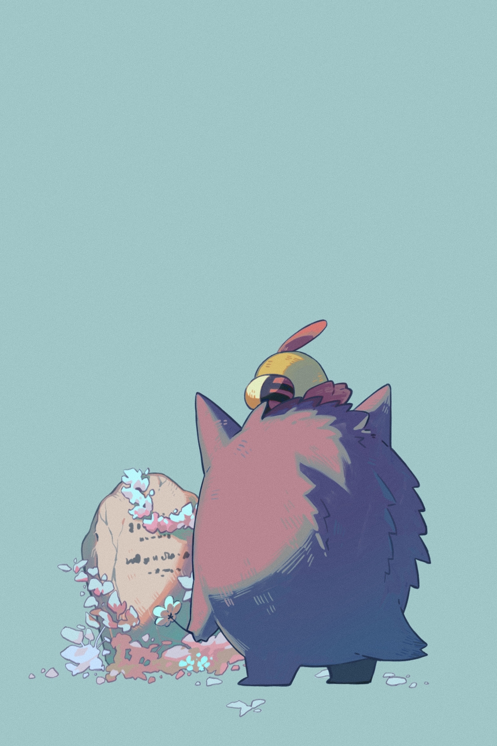 animal_on_head bird bird_on_head commentary_request flower gengar green_background highres holding holding_flower mourning natu no_humans on_head pokemon pokemon_(creature) pokemon_on_head standing tombstone wulie_errr