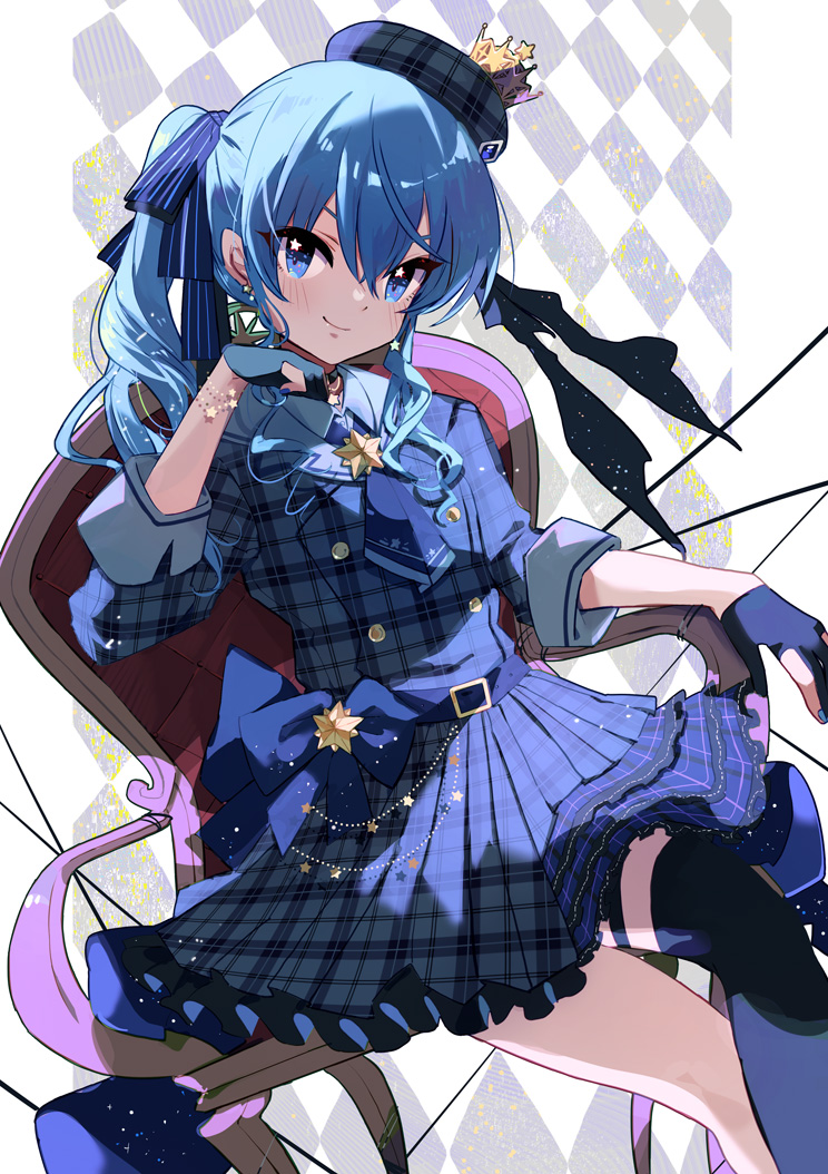 1girl argyle argyle_background black_gloves blue_bow blue_eyes blue_hair blue_nails blush bow chair closed_mouth collared_shirt commentary_request eyebrows_behind_hair feet_out_of_frame gloves grey_headwear grey_jacket grey_skirt hair_between_eyes hololive hoshimachi_suisei jacket long_sleeves looking_at_viewer nail_polish on_chair partially_fingerless_gloves plaid plaid_headwear plaid_jacket plaid_skirt shadowsinking shirt side_ponytail single_thighhigh sitting skirt smile solo thigh-highs tilted_headwear virtual_youtuber white_shirt