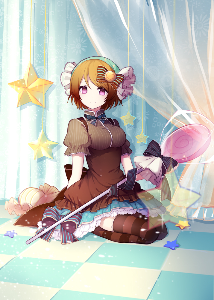 1girl black_bow blue_bow blue_dress bow bowtie brown_dress brown_thighhighs candy cuivre curtains dress food frilled_bow frilled_dress frilled_sleeves frilled_thighhighs frills green_hairband hair_bow hair_ornament hairband heart holding holding_candy holding_food koizumi_hanayo lollipop looking_at_viewer love_live! love_live!_school_idol_festival multicolored_bow multicolored_clothes multicolored_dress pink_eyes puffy_short_sleeves puffy_sleeves purple_bow seiza short_sleeves sitting smile solo star_(symbol) striped_thighhighs sunlight thigh-highs tile_floor tiles wrapped_candy