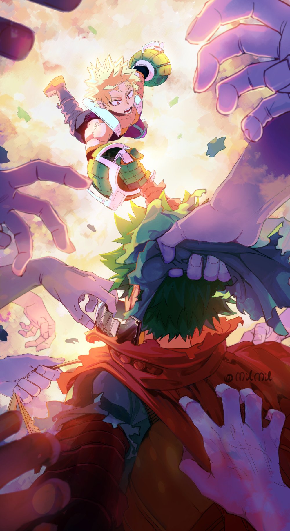 2boys backlighting backpack bag bakugou_katsuki bandages bare_shoulders blonde_hair boku_no_hero_academia cape clothes_grab clothes_pull collarbone commentary english_commentary falling from_behind from_below gloves glowing green_gloves green_hair highres holding holding_clothes holding_hands looking_up male_focus midair midoriya_izuku milmil_(wa_ten'nendesu) multiple_boys neck_brace open_mouth orange_gloves out_of_frame outstretched_arms red_eyes short_hair spiky_hair torn_clothes twitter_username two-tone_gloves v-shaped_eyebrows
