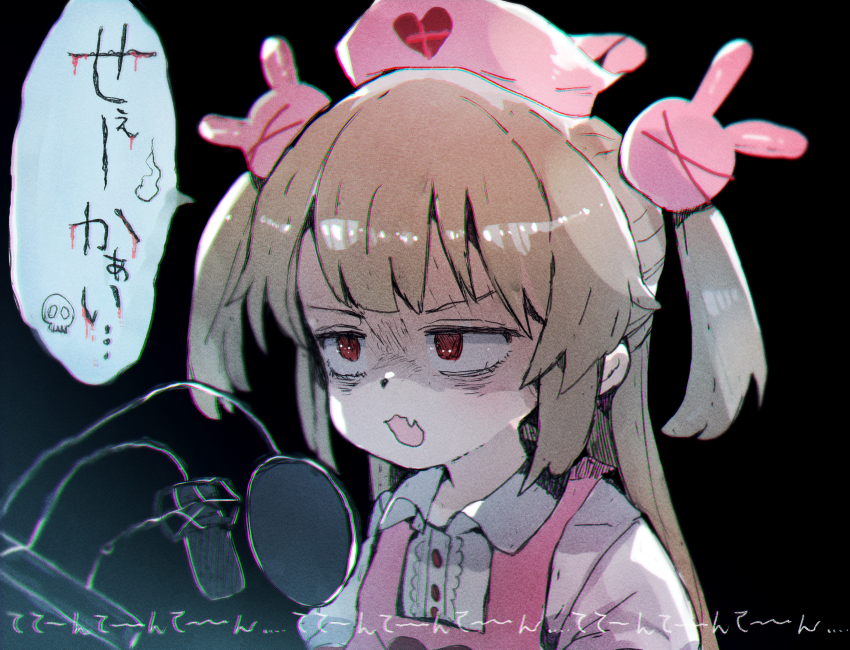 &gt;_&lt; 1girl apron bangs black_background brown_hair bunny_hair_ornament collared_shirt commentary_request fang gomennasai hair_ornament hat long_hair looking_away microphone natori_sana nurse_cap open_mouth pink_apron pink_headwear puffy_short_sleeves puffy_sleeves red_eyes sana_channel shirt short_sleeves simple_background skull solo translation_request two_side_up upper_body v-shaped_eyebrows virtual_youtuber white_shirt