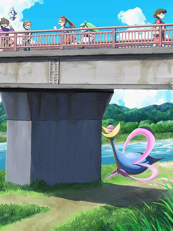 2boys 2girls beads blue_shirt blush bridge brown_hair closed_eyes closed_mouth clouds commentary_request cresselia day fence glasses grass hair_beads hair_ornament long_hair mukiguri multiple_boys multiple_girls outdoors path pokemon pokemon_(creature) ponytail river shirt short_hair skirt sky smile steenee vanillite water