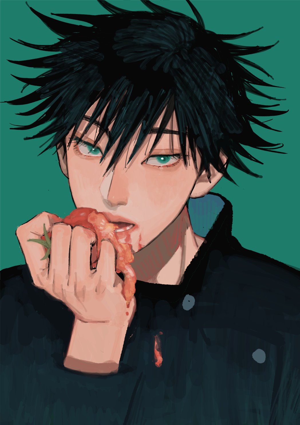 1boy bangs black_hair black_jacket buttons crushing eating eyelashes face food fushiguro_megumi green_background green_eyes hair_between_eyes high_collar highres holding holding_food jacket jujutsu_kaisen li_chestnuts long_sleeves looking_at_viewer male_focus nose open_mouth school_uniform short_hair simple_background solo spiky_hair symbol-only_commentary tomato