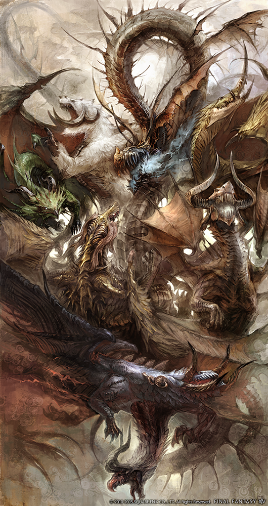 artist_request azdaja_(ff14) bahamut_(final_fantasy) breathing_fire claws copyright copyright_name curled_horns dragon feathered_wings final_fantasy final_fantasy_xiv fire flying glowing_mouth horns hraesvelgr_(ff14) midgardsormr multiple_horns multiple_wings nidhogg_(ff14) no_humans official_art open_mouth ratatoskr_(ff14) sharp_teeth spikes tail teeth tiamat_(ff14) tongue tongue_out tusks vrtra wings