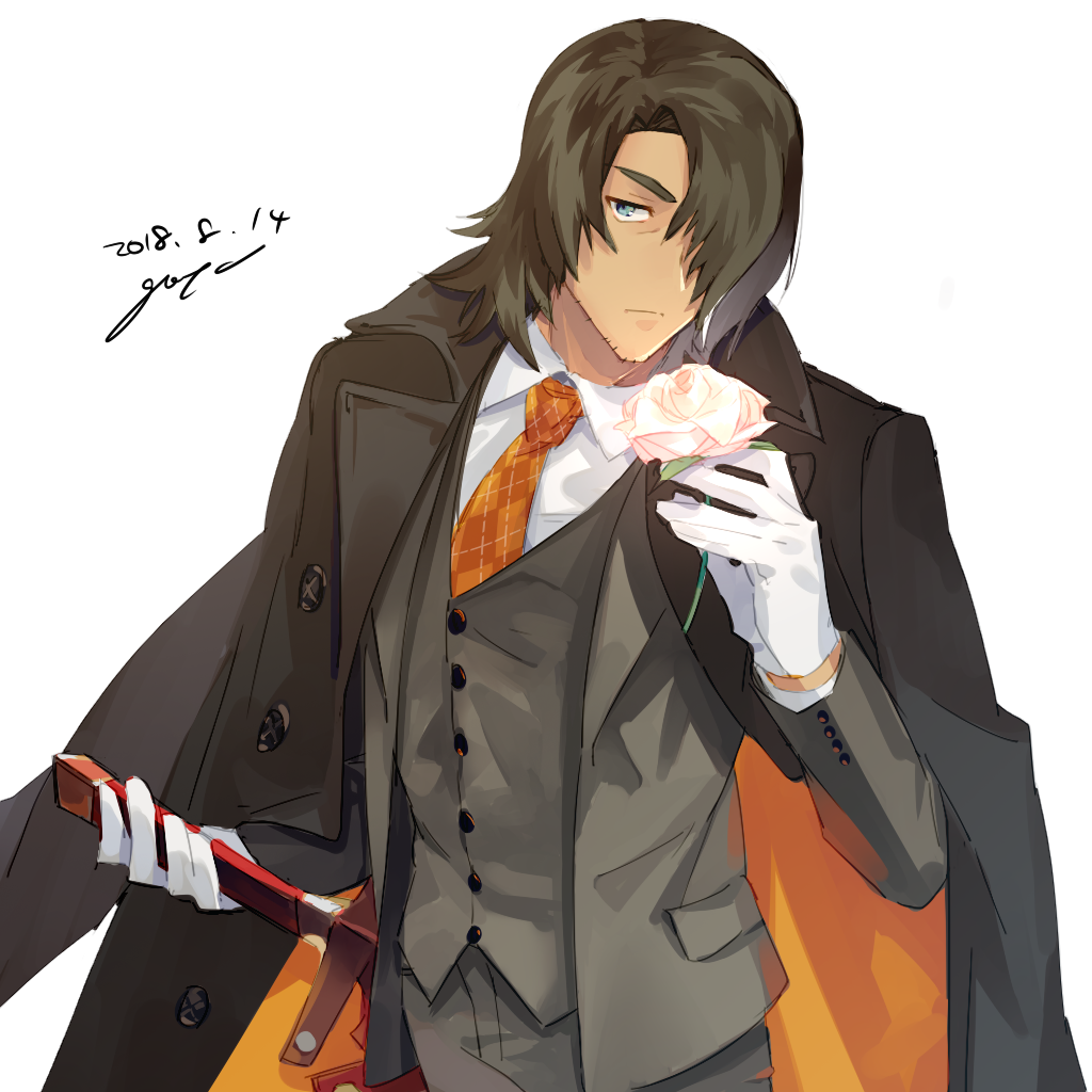 1boy black_hair blue_eyes coat dated facial_hair flower formal gloves goya_(xalbino) hair_over_one_eye holding holding_weapon long_hair looking_at_viewer male_focus necktie plaid_necktie rose schwann_oltorain sheath stubble suit sword tales_of_(series) tales_of_vesperia tuxedo unsheathing weapon white_gloves