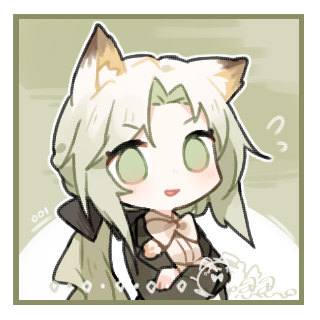 1girl animal_ears arknights black_bow black_collar border bow bowtie butler cat_ears cat_girl chibi collar crossed_arms dress_jacket flying_sweatdrops green_background green_eyes green_hair hair_bow kal'tsit_(arknights) lapels long_hair long_sleeves looking_at_viewer official_alternate_costume open_mouth renren shirt simple_background solo upper_body white_border white_bow white_bowtie white_shirt