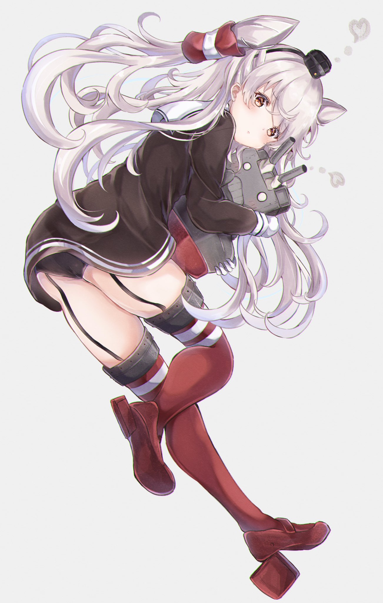 1girl amatsukaze_(kancolle) blush brown_dress closed_mouth dress garter_straps gloves hair_tubes hat heart highres kantai_collection long_hair mini_hat red_thighhighs rensouhou-kun sa-ya2 sailor_dress short_dress solo thigh-highs two_side_up white_gloves white_hair yellow_eyes