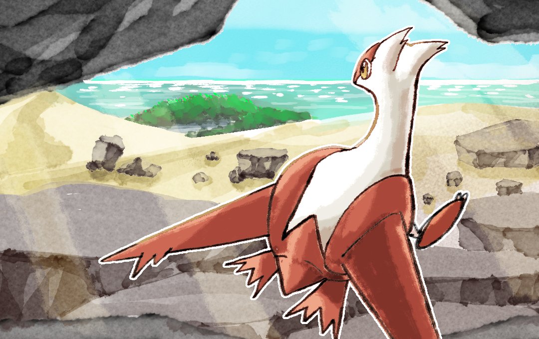 claws commentary_request day latias mukiguri no_humans outdoors outline pokemon pokemon_(creature) rock sand sky yellow_eyes