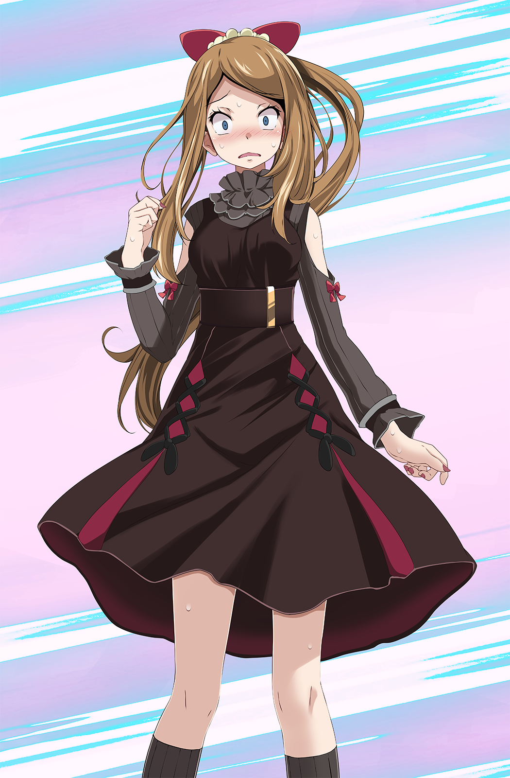 1girl :d bangs black_dress black_sweater blue_eyes blush bow brown_hair clothing_cutout dress floating_hair hair_bow highres kneehighs long_hair long_sleeves looking_at_viewer medium_dress nail_polish parted_bangs pinafore_dress pink_nails pokemon pokemon_(game) pokemon_xy ponytail red_bow scared serena_(pokemon) shiny shiny_hair shoulder_cutout sleeveless sleeveless_dress smile socks solo standing sweatdrop sweater tsukishiro_saika very_long_hair