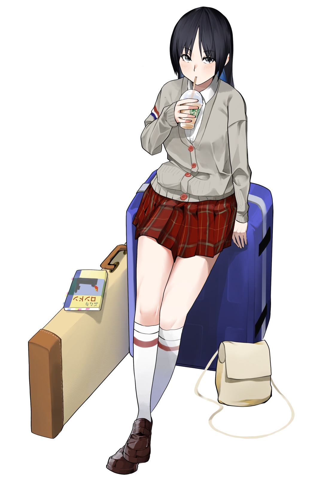 1girl akiyama_mio alternate_costume bag bangs black_eyes black_hair book brown_footwear cardigan commentary_request cup disposable_cup drinking drinking_straw full_body grey_cardigan handbag highres holding holding_cup k-on! kneehighs loafers long_hair long_sleeves looking_at_viewer luggage plaid plaid_skirt red_skirt saya_endo_(27) school_uniform shirt shoes simple_background skirt socks solo white_background white_shirt white_socks