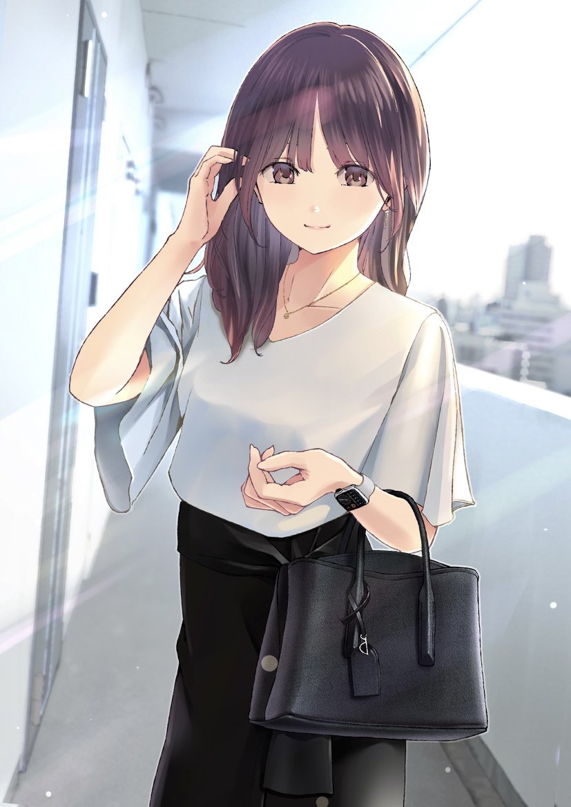 1girl adjusting_hair bag balcony bangs black_skirt blurry blurry_background blush brown_eyes brown_hair building chikuwa_(odennabe) city collarbone door hand_up handbag holding holding_bag jewelry long_hair looking_at_viewer necklace original shirt short_sleeves skirt smile solo standing watch white_shirt