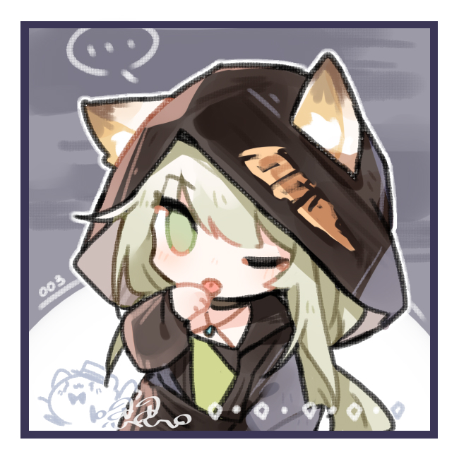 ... 1girl ;p animal_ears arknights black_jacket border cat_ears cat_girl cat_tail chibi criss-cross_halter ears_through_headwear green_eyes green_shirt green_tail halterneck hood hood_up hooded_jacket jacket kal'tsit_(arknights) licking licking_hand long_hair looking_at_viewer official_alternate_costume one_eye_closed renren shirt solo speech_bubble spoken_ellipsis tail tongue tongue_out white_border