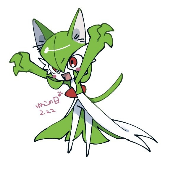 1girl 4shiki animal_ears arms_up bangs blush blush_stickers bob_cut cat_ears cat_girl cat_tail claw_pose commentary_request dated full_body gardevoir green_hair hair_between_eyes jpeg_artifacts kemonomimi_mode open_mouth outstretched_arms partial_commentary paw_print pokemon pokemon_(creature) red_eyes shiny shiny_hair short_hair simple_background sketch solo standing tail translation_request white_background