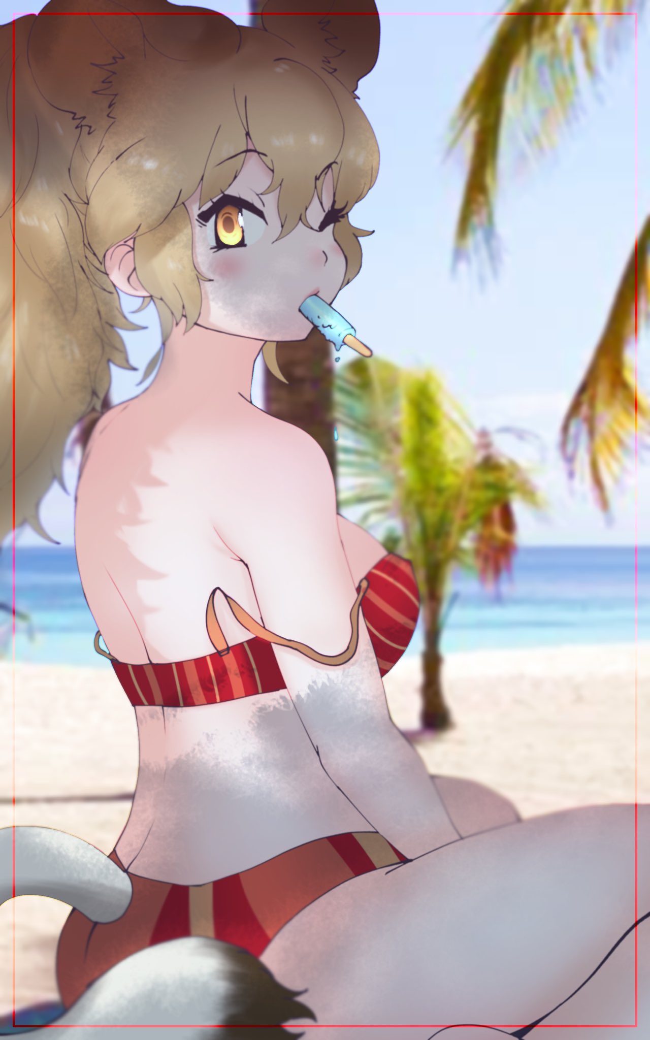 1girl animal_ear_fluff animal_ears beach bikini blonde_hair breasts cats_yone food highres ice_cream kemono_friends kemono_friends_3 lion_(kemono_friends) lion_ears lion_girl lion_tail long_hair looking_at_viewer one_eye_closed red_bikini red_swimsuit solo swimsuit tail yellow_eyes