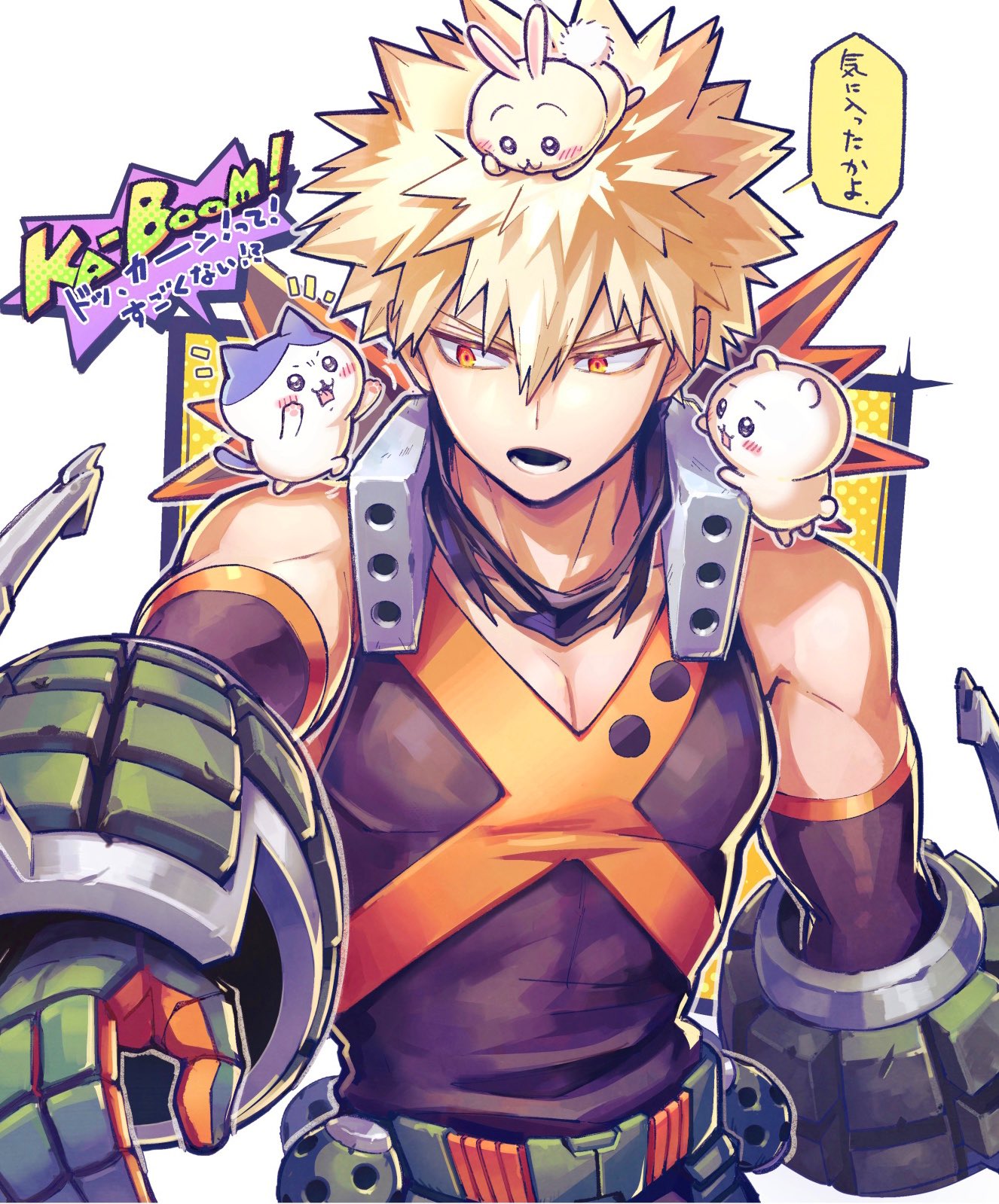 :3 bakugou_katsuki bare_shoulders belt black_sleeves blonde_hair blush_stickers boku_no_hero_academia chiikawa chiikawa_(character) detached_sleeves english_text explosive eye_mask gloves green_gloves grenade hachiware_(chiikawa) headgear highres looking_at_another lower_teeth male_focus mask mask_around_neck mask_removed mecyo_(mamezurushiki) muscular muscular_male neck_brace on_head on_shoulder open_mouth orange_gloves outstretched_arm pectoral_cleavage pectorals red_eyes short_hair solo_focus speech_bubble spiky_hair teeth two-tone_gloves two-tone_sleeves upper_body usagi_(chiikawa) v-shaped_eyebrows walking weapon
