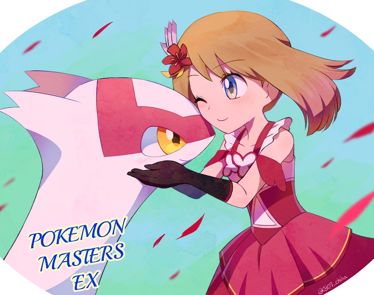 1girl black_gloves blue_eyes brown_hair chiha_bobobo collarbone dress falling_petals flower gloves hair_flower hair_ornament latias may_(pokemon) official_alternate_costume one_eye_closed petals pokemon pokemon_(creature) pokemon_(game) pokemon_masters_ex red_dress sleeveless sleeveless_dress smile yellow_eyes