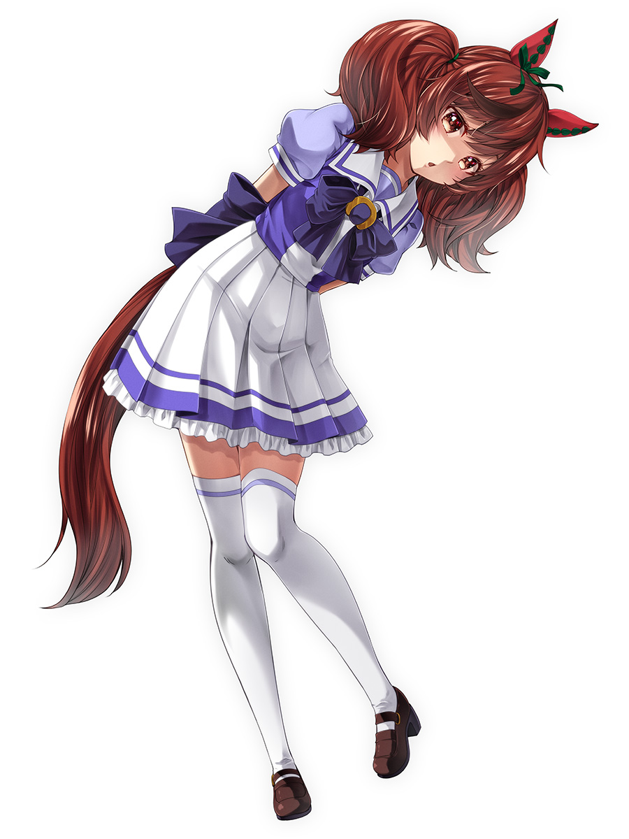 1girl animal_ears arms_behind_back bow bowtie brown_eyes brown_footwear brown_hair full_body highres horse_ears horse_girl horse_tail horseshoe_ornament kouji_(campus_life) leg_up loafers looking_at_viewer medium_hair miniskirt nice_nature_(umamusume) pleated_skirt puffy_short_sleeves puffy_sleeves purple_bow purple_bowtie purple_shirt sailor_collar sailor_shirt school_uniform serafuku shirt shoes short_sleeves simple_background skirt solo standing summer_uniform tail thigh-highs tracen_school_uniform umamusume white_background white_skirt