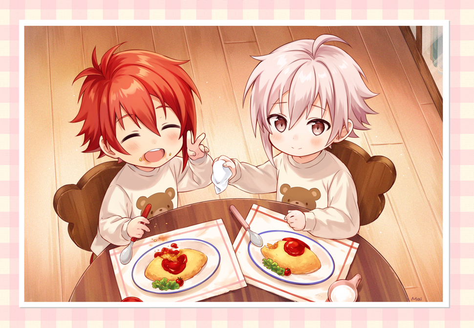 2boys chair child closed_eyes food idolish_7 ima_(luce365) kujou_tenn long_sleeves male_child male_focus multiple_boys nanase_riku omurice open_mouth redhead short_hair spoon table wooden_chair wooden_table younger