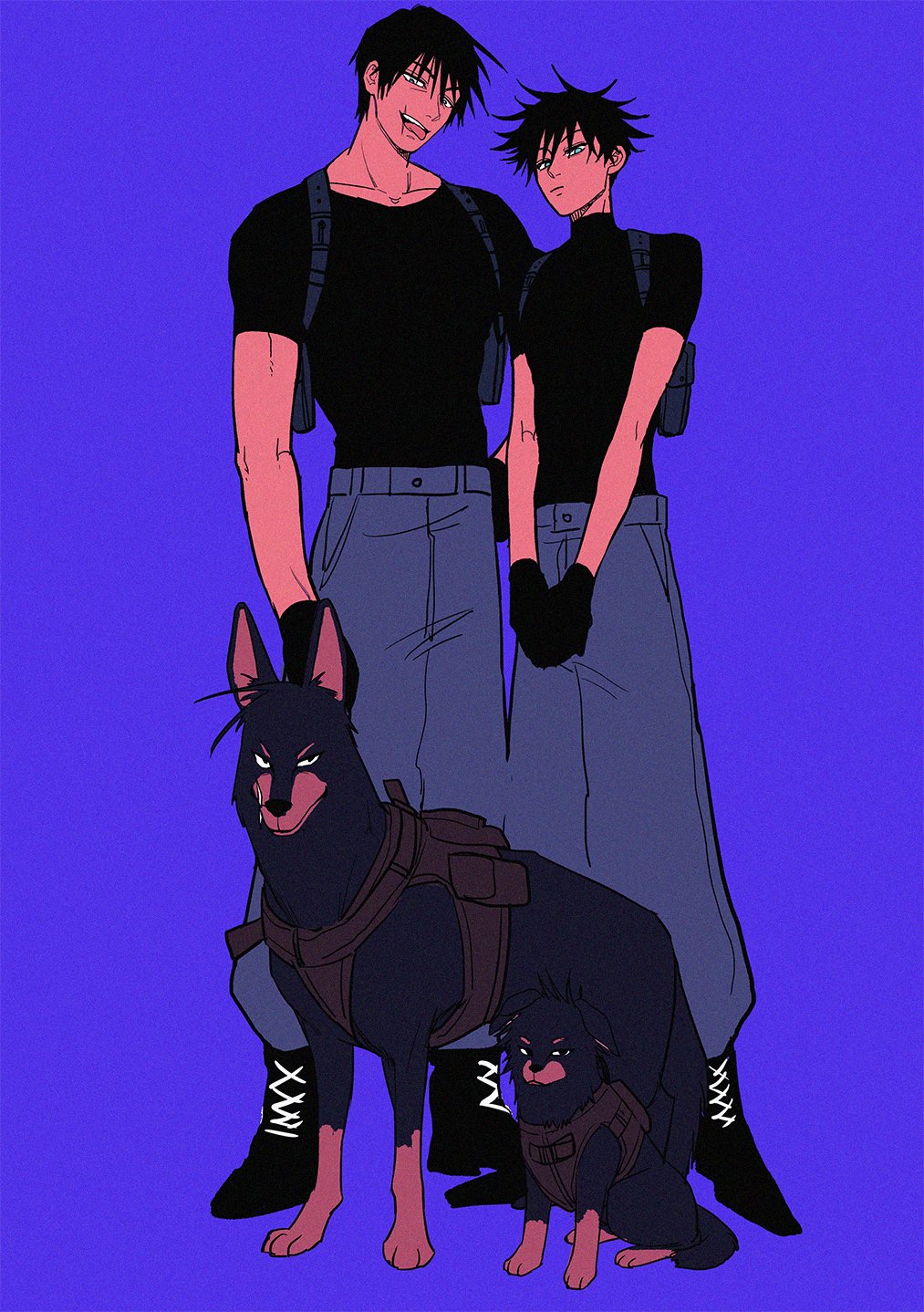 2boys baggy_pants bangs black_footwear black_gloves black_hair black_shirt blue_background blue_eyes blue_pants boots closed_mouth commentary_request cross-laced_footwear dog eyelashes father_and_son full_body fushiguro_megumi fushiguro_touji gloves hair_between_eyes harness highres jujutsu_kaisen lace-up_boots li_chestnuts looking_at_viewer male_focus mature_male multiple_boys own_hands_together pants scar scar_on_face scar_on_mouth shirt short_hair short_sleeves simple_background spiky_hair tongue tongue_out