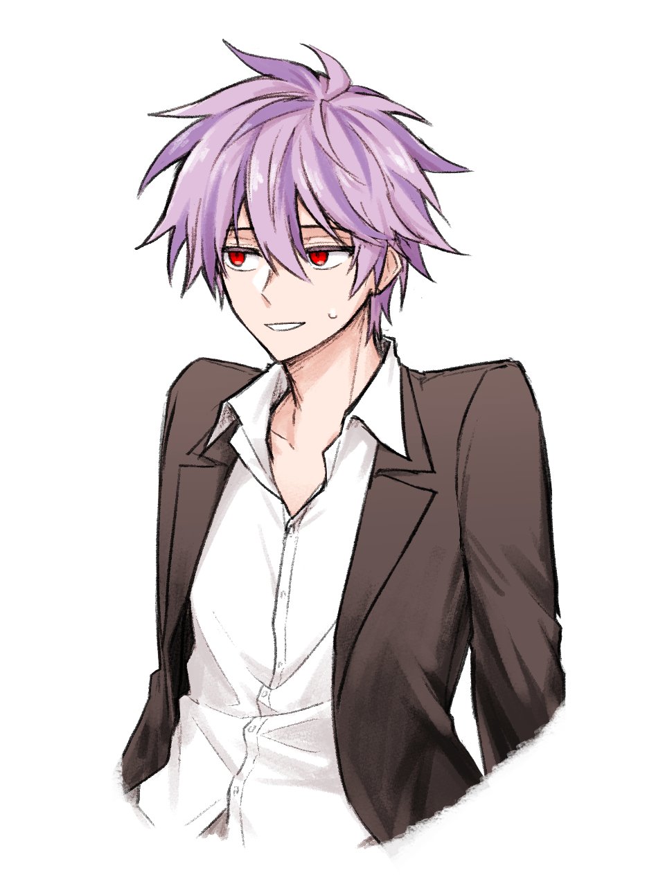 1boy black_jacket collared_shirt commentary_request eyebrows_behind_hair hair_between_eyes highres jacket korean_commentary long_sleeves male_focus nervous_smile open_clothes open_collar open_jacket purple_hair red_eyes saibou_shinkyoku shirt short_hair solo sukihome sweat theodore_riddle upper_body white_shirt