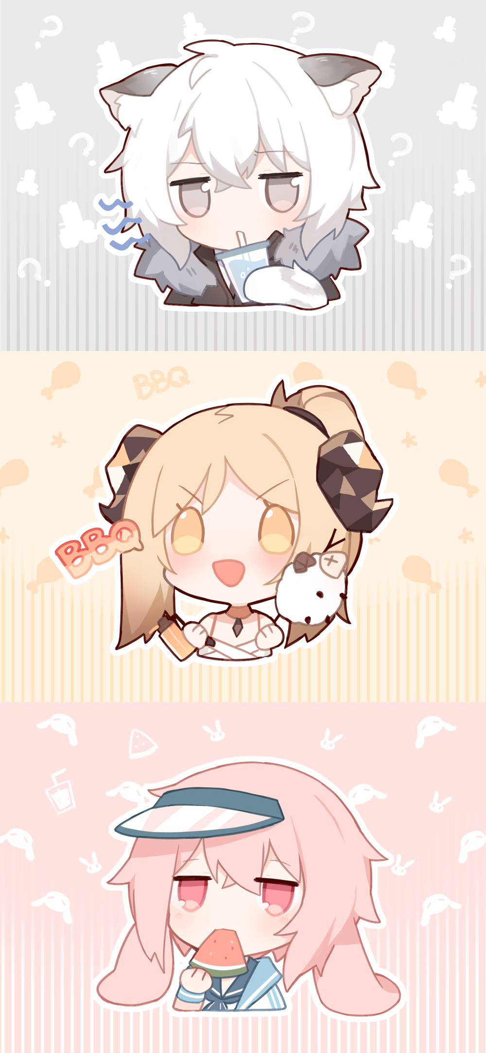 1girl 2boys ? animal_ears ansel_(arknights) ansel_(casual_vacation)_(arknights) arknights bangs black_jacket blonde_hair blue_sailor_collar chibi clenched_hands crossed_bangs cup demon_horns drinking drinking_straw_in_mouth floppy_ears food fur-trimmed_jacket fur_trim grey_background grey_eyes grey_hair hair_between_eyes hands_up highres holding holding_food horns ifrit_(arknights) ifrit_(sunburn)_(arknights) jacket jitome leopard_boy leopard_ears leopard_tail multiple_boys official_alternate_costume open_mouth pink_background pink_eyes pink_hair ponytail rabbit_boy rabbit_ears renren sailor_collar shirt short_hair silverash_(arknights) tail visor_cap watermelon_slice white_hair white_shirt yellow_background yellow_eyes