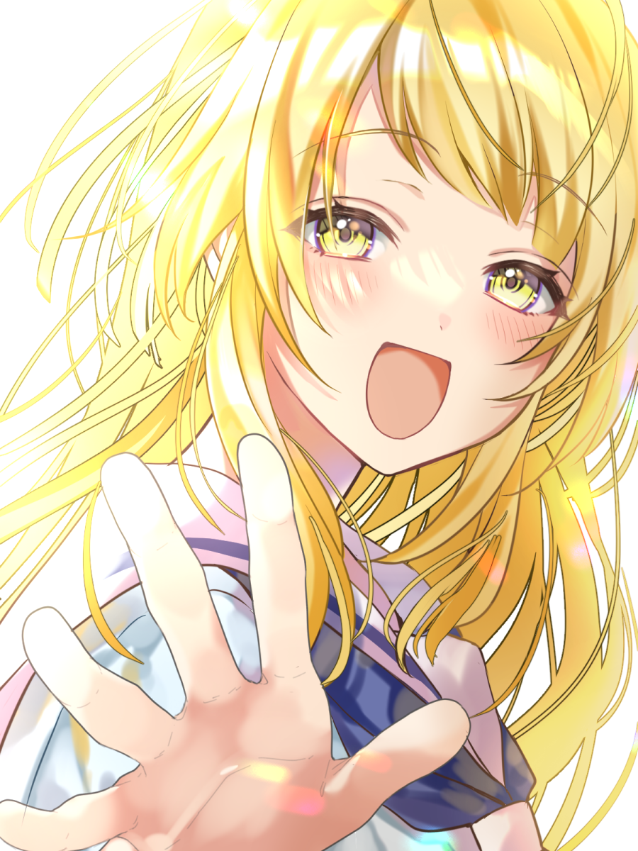 1girl :d bang_dream! bangs blonde_hair blue_neckerchief blue_shirt blush foreshortening from_side hanasakigawa_school_uniform hand_up highres lens_flare long_hair looking_at_viewer looking_to_the_side neckerchief open_hand open_mouth outstretched_arm reaching_out roko_(pe0e07) sailor_collar school_uniform serafuku shiny shiny_hair shirt simple_background smile solo summer_uniform sunlight tsurumaki_kokoro upper_body wavy_hair white_background white_sailor_collar yellow_eyes