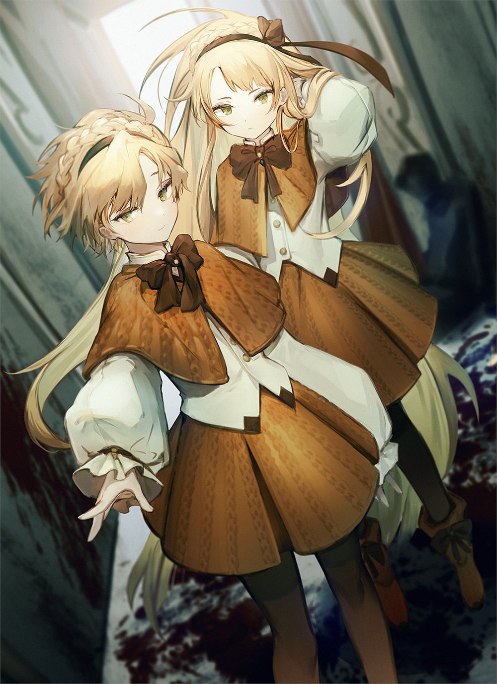 1boy 1girl blonde_hair boots bow brown_capelet brown_footwear brown_hairband brown_pantyhose brown_ribbon brown_skirt capelet closed_mouth commentary footwear_bow frown green_eyes hairband hand_in_own_hair highres lobotomy_corporation long_hair long_sleeves look-alike matching_outfit neck_ribbon pantyhose pleated_skirt project_moon ribbon shirt short_hair shumm_aid skirt smile standing tiphereth_a_(project_moon) tiphereth_b_(project_moon) very_long_hair white_shirt