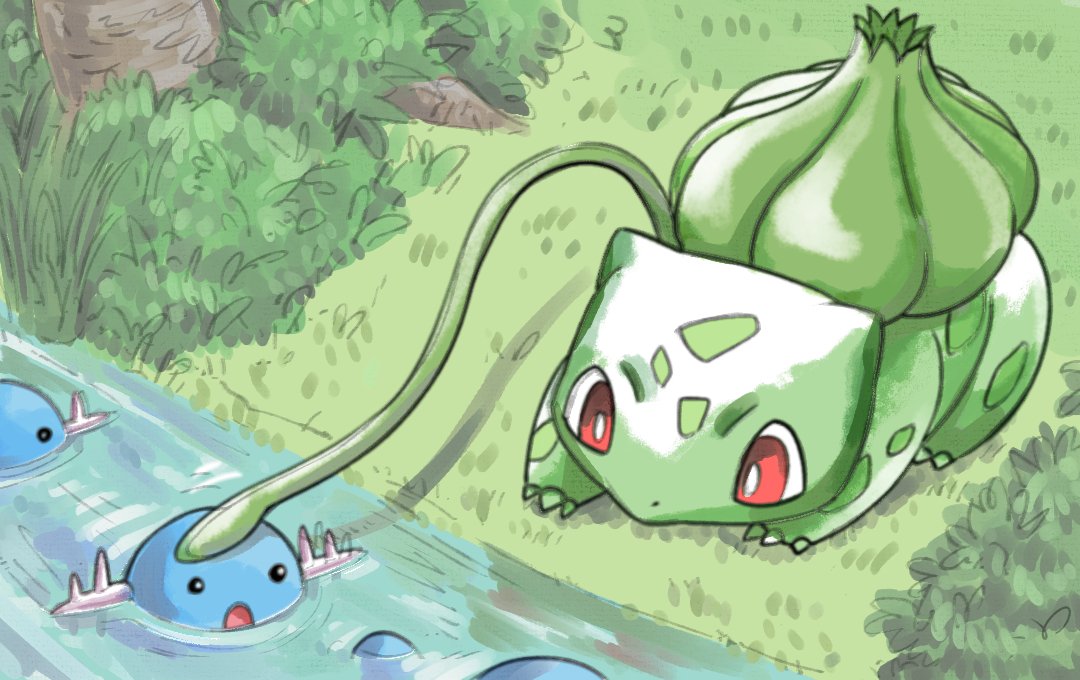 :o black_eyes bright_pupils bulbasaur claws commentary_request grass mukiguri no_humans plant pokemon pokemon_(creature) red_eyes vines water white_pupils wooper